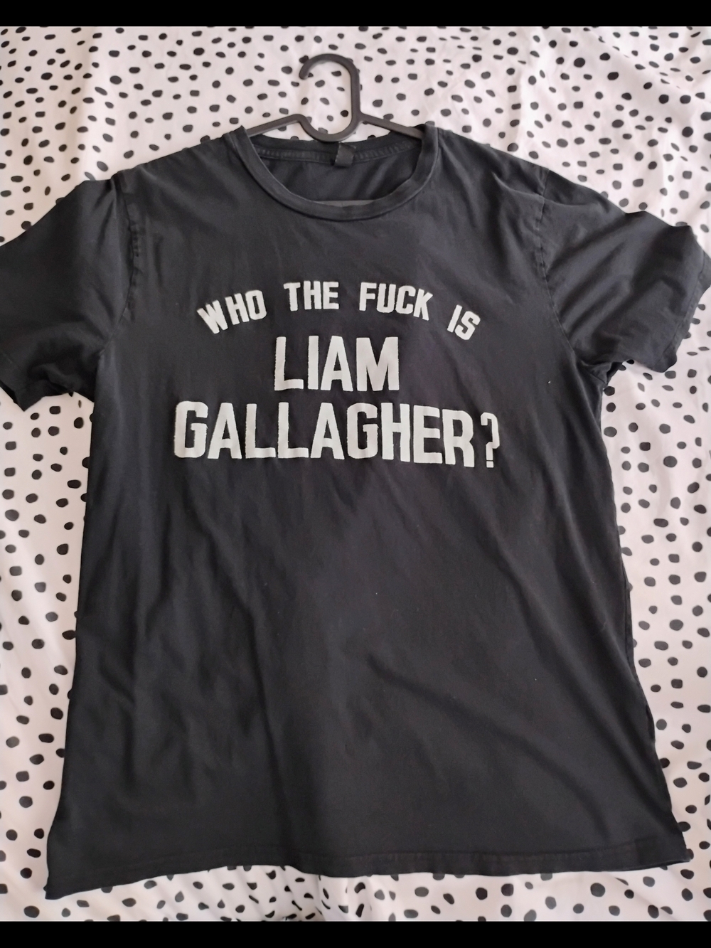 Black Graphic Tee with White 'Liam Gallagher' Slogan